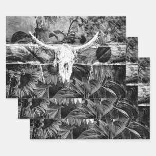 Rustic Western Black And White Floral Bull Skull Wrapping Paper Sheet