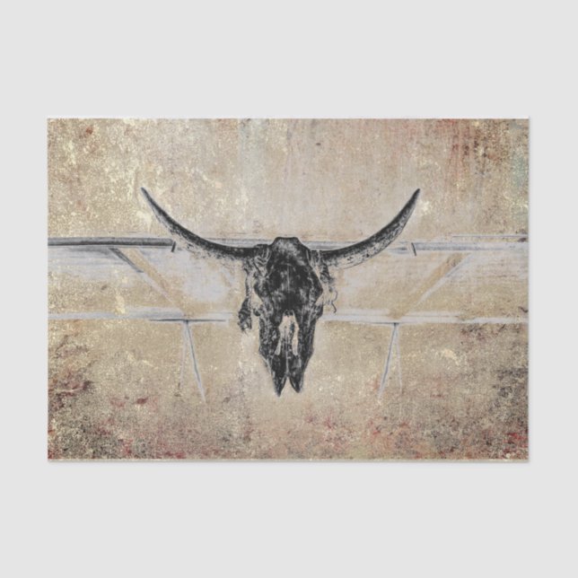 Rustic Western Black Bull Skull Sepia Texture Tissue Paper (Front)