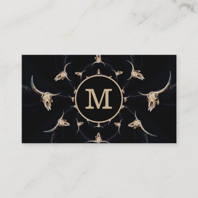Rustic Western Black Tan Monogram Bull Cow Skull Business Card (Front)