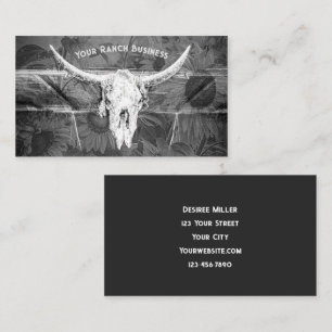 Rustic Western Black White Sunflowers Bull Skull Business Card