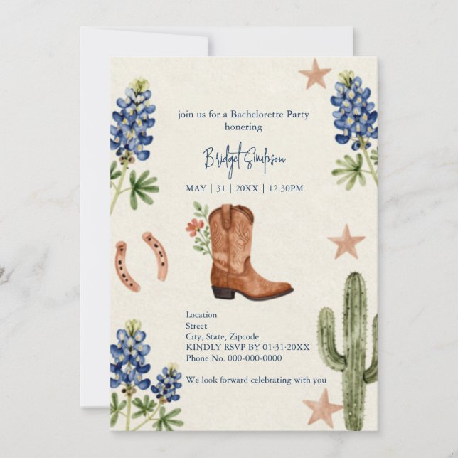 Rustic Western Bluebonnet Bachelorette Party Invitation (Front)