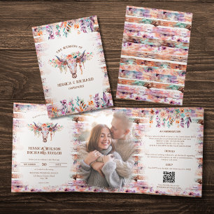 Rustic Western Boho Floral Cow Skull  Tri-Fold Invitation