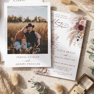 Rustic Western Boho Pampas Grass Photo Wedding Invitation