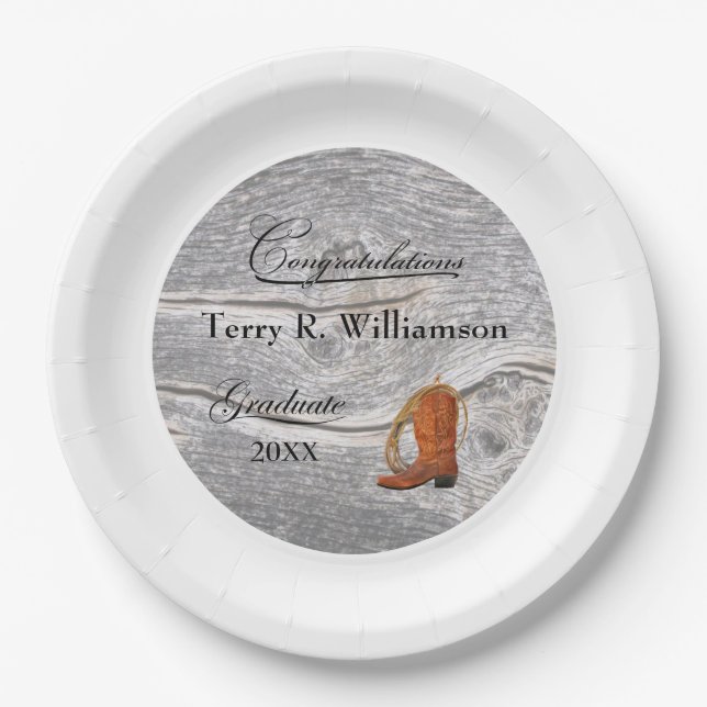 Rustic Western boot and lasso Graduation Party Paper Plate (Front)