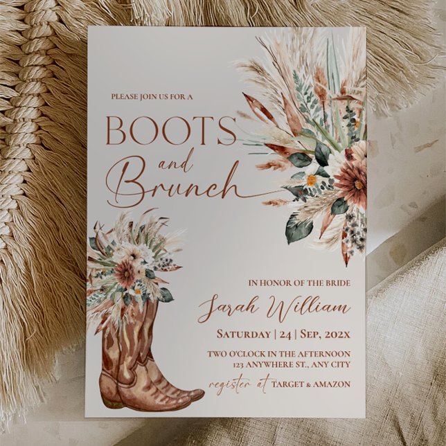 Rustic Western Boots Brunch Bridal Shower  Invitation (Rustic Western Boots and Brunch Bridal Shower Invitation | Boho Terracotta Pampas Grass)