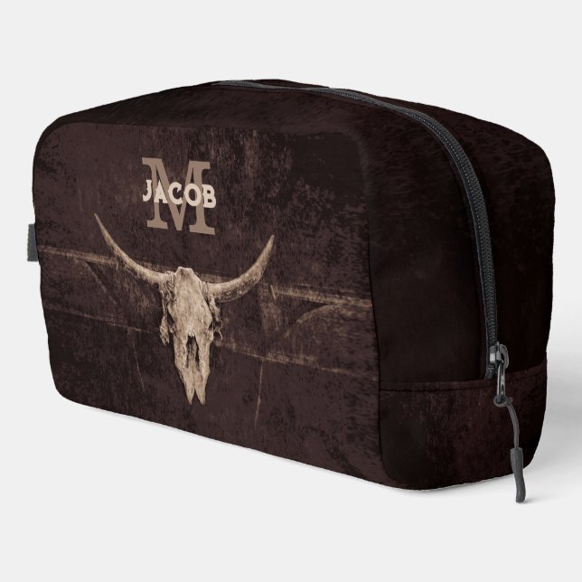 Rustic Western Brown Beige Old Bull Skull Monogram Dopp Kit (Right Corner)