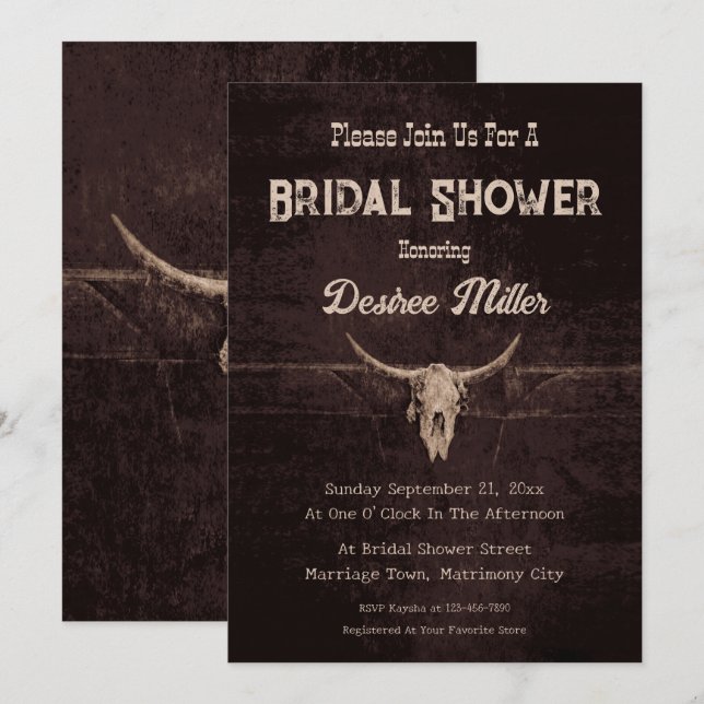 Rustic Western Brown Bull Skull Bridal Shower Announcement (Front/Back)