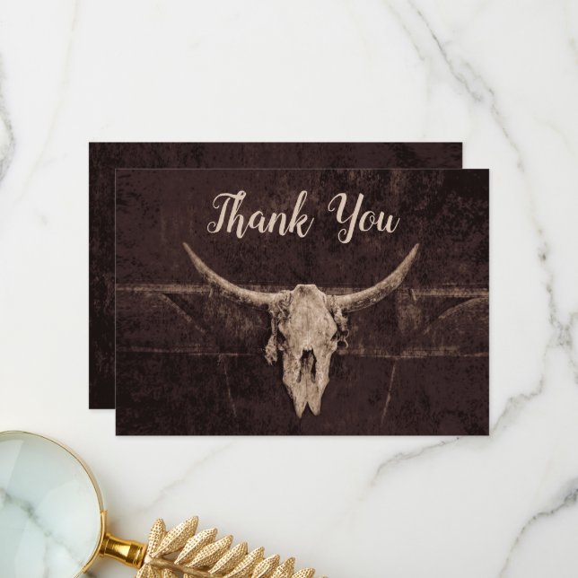 Rustic Western Brown Bull Skull Wedding Country Thank You Card (Front/Back In Situ)