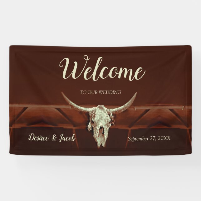 Rustic Western Brown Country Bull Skull Welcome Banner (Horizontal)