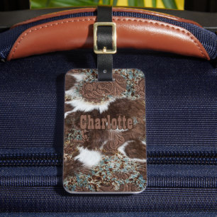 Rustic Western Brown Leather Cowhide Print Name Luggage Tag