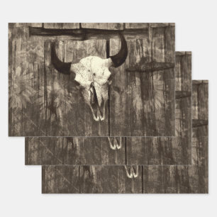 Rustic Western Bull Skull Brown Sepia Sunflowers Wrapping Paper Sheet