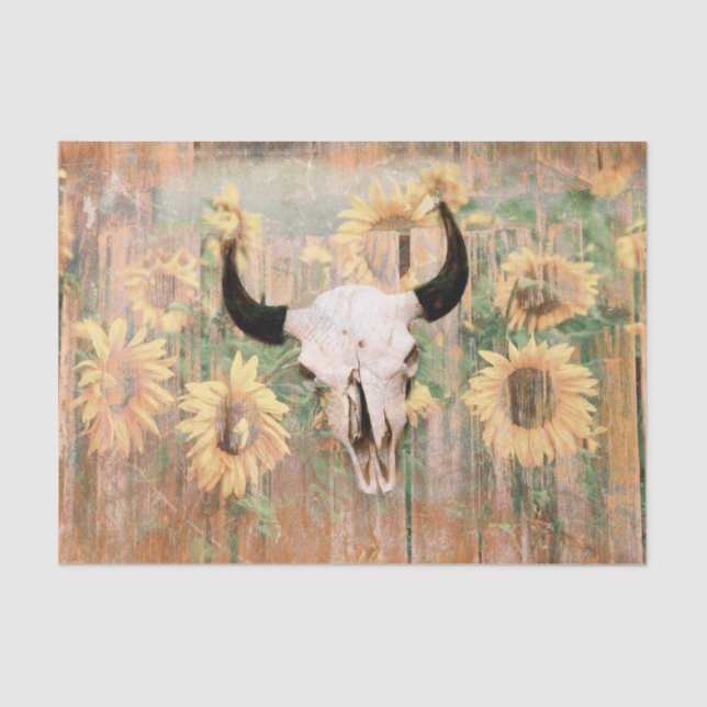 Rustic Western Bull Skull Brown Yellow Sunflowers Tissue Paper (Front)