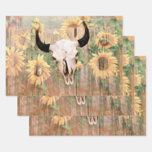 Rustic Western Bull Skull Brown Yellow Sunflowers Wrapping Paper Sheet