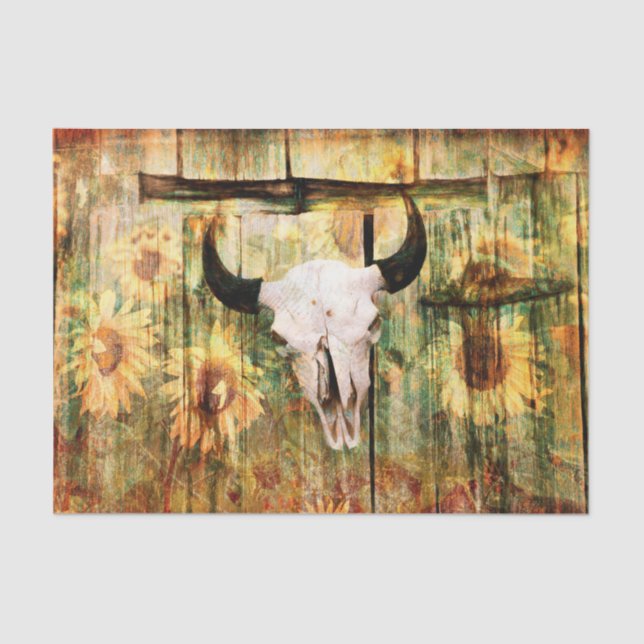 Rustic Western Bull Skull Country Sunflowers Tissue Paper (Front)