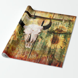 Rustic Western Bull Skull Country Sunflowers Wrapping Paper