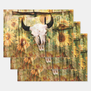 Rustic Western Bull Skull Country Sunflowers Wrapping Paper Sheet
