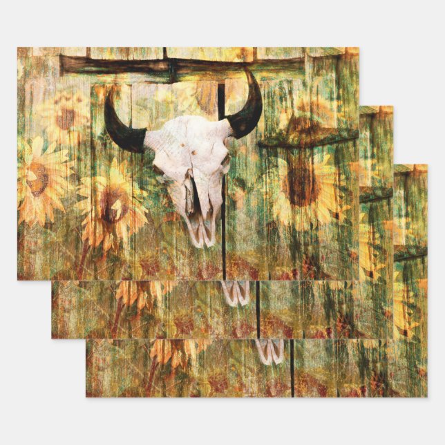 Rustic Western Bull Skull Country Sunflowers Wrapping Paper Sheet (Set)