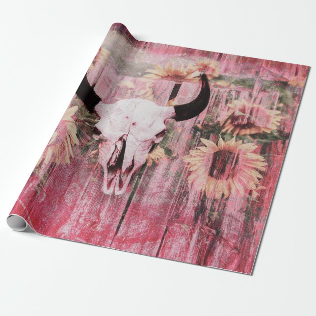 Rustic Western Bull Skull Pink Yellow Sunflowers Wrapping Paper (Unrolled)