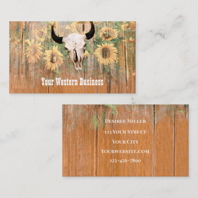 Rustic Western Bull Skull Sunflowers Wood Texture Business Card (Front/Back)