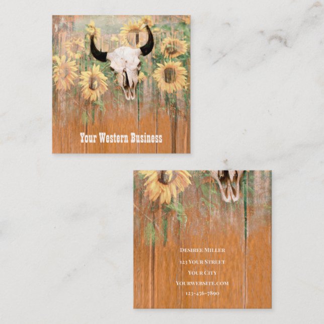 Rustic Western Bull Skull Sunflowers Wood Texture Square Business Card (Front/Back)