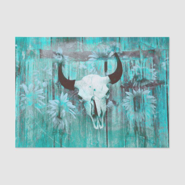 Rustic Western Bull Skull Teal Boho Sunflowers Tissue Paper (Front)