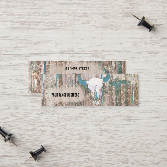 Rustic Western Bull Skull Teal Brown Texture Calling Card (Front/Back In Situ)