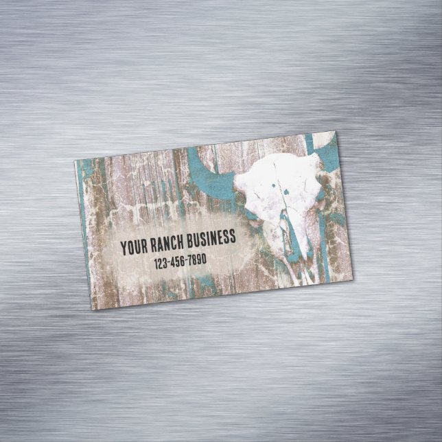 Rustic Western Bull Skull Teal Brown Texture Magnetic Business Card (In Situ)