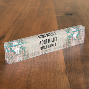 Rustic Western Bull Skull Teal Brown Texture Nameplate