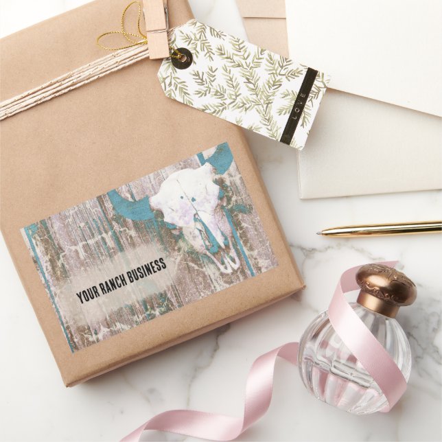 Rustic Western Bull Skull Teal Brown Texture Rectangular Sticker (Gifting)