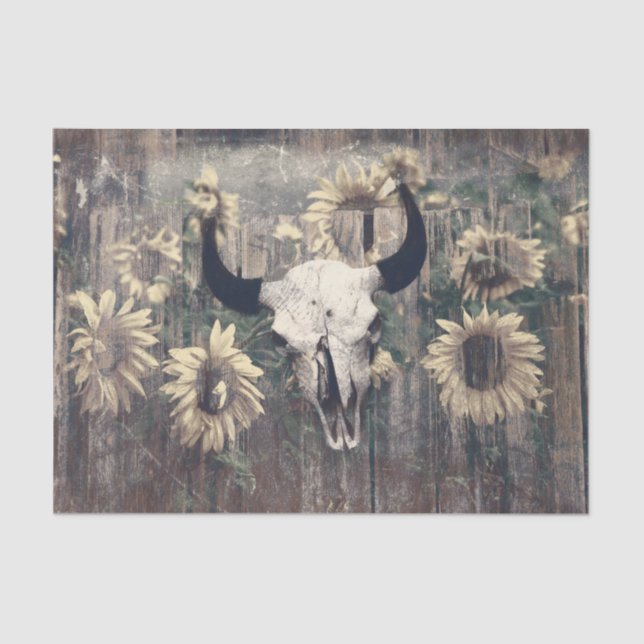 Rustic Western Bull Skull Texture Sunflowers Tissue Paper (Front)