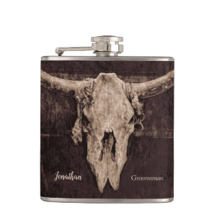 Rustic Western Bull Skull Wedding Country Texture Hip Flask