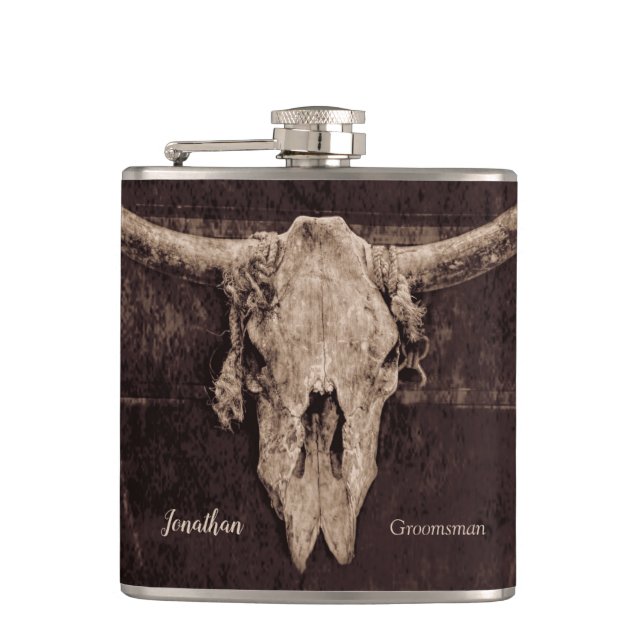 Rustic Western Bull Skull Wedding Country Texture Hip Flask (Front)