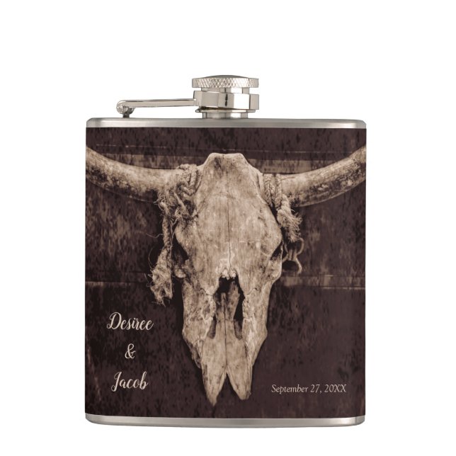 Rustic Western Bull Skull Wedding Country Texture Hip Flask (Front)