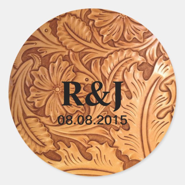 rustic western country cowboy tooled leather classic round sticker (Front)