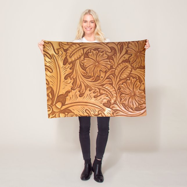 rustic western country cowboy tooled leather fleece blanket (In Situ)