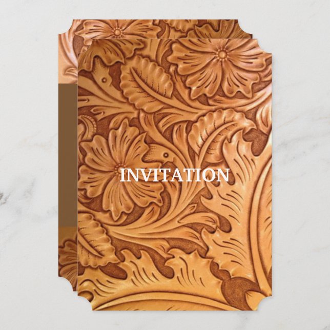 rustic western country cowboy tooled leather invitation (Front/Back)