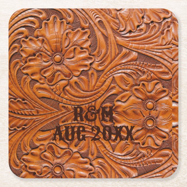 Rustic western country cowboy wedding favour square paper coaster (Front)