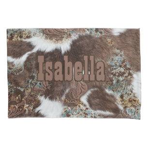 Rustic Western Country Cowhide Brown Leather Name Pillowcase