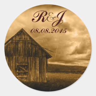 rustic western country farm old barn wedding classic round sticker