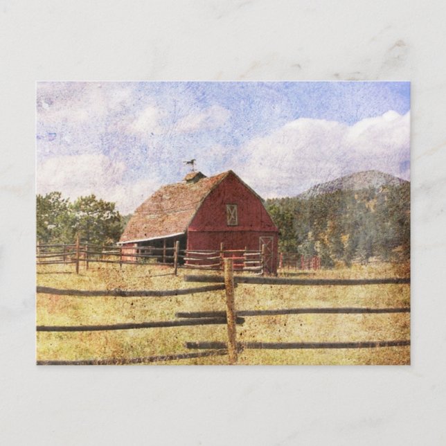 Rustic Western Country Farm Primitive Red Barn Postcard (Front)