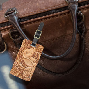 rustic western country leather equestrian horse luggage tag
