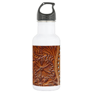 Rustic western country pattern tooled leather 532 ml water bottle
