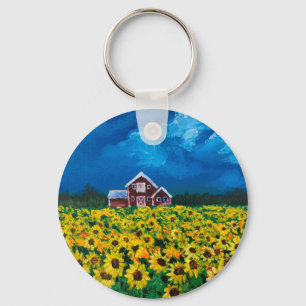 rustic western country red barn sunflower field key ring