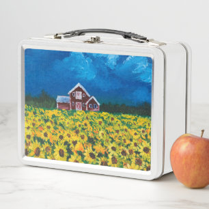 rustic western country red barn sunflower field metal lunch box