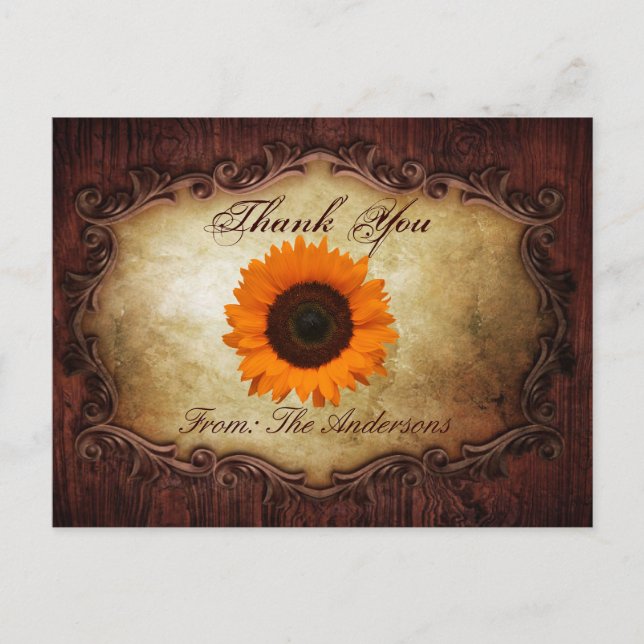 rustic western country sunflower wedding thank you postcard (Front)