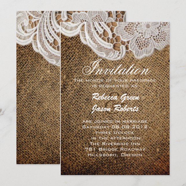 rustic western country wedding burlap and lace invitation (Front/Back)