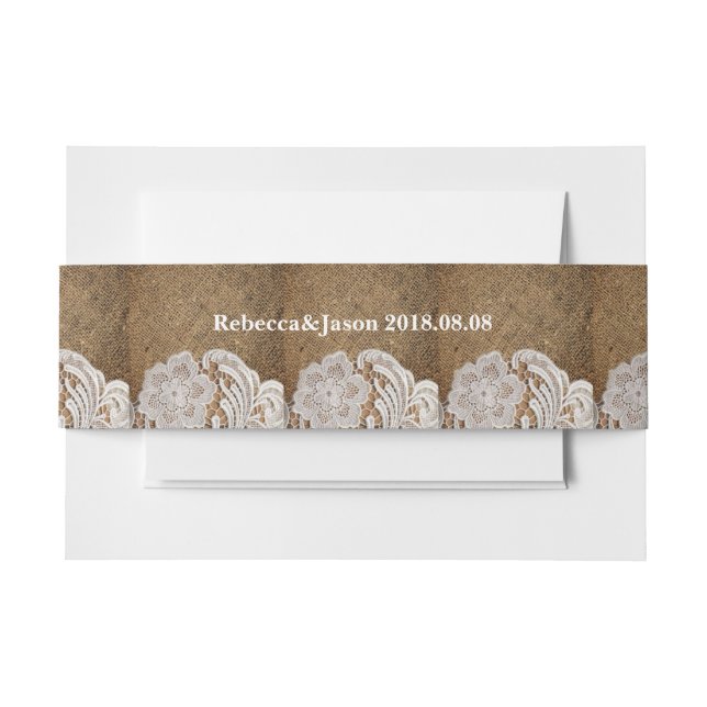 rustic western country wedding burlap and lace invitation belly band (Front Example)
