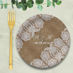 rustic western country wedding burlap and lace paper plate