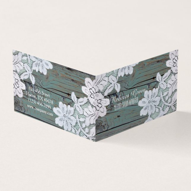 Rustic Western Country White Lace Teal Barn Wood Business Card (Outside)
