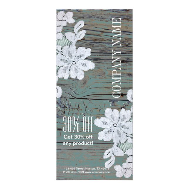 Rustic Western Country White Lace Teal Barn Wood Rack Card (Front)